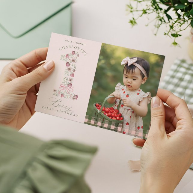 Strawberry 1st Birthday Berry First Birthday Photo Invitation (Strawberry 1st Birthday Berry First Birthday Photo Invitation)