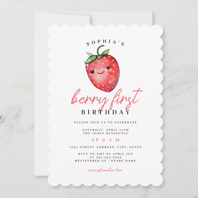 Strawberry 1st Birthday Berry First Invitation (Front)