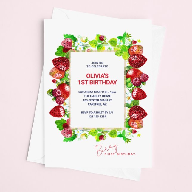 Strawberry 1st Birthday Berry First Invitation (Creator Uploaded)