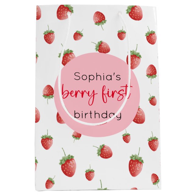 Strawberry 1st Birthday Berry First Medium Gift Bag (Front)