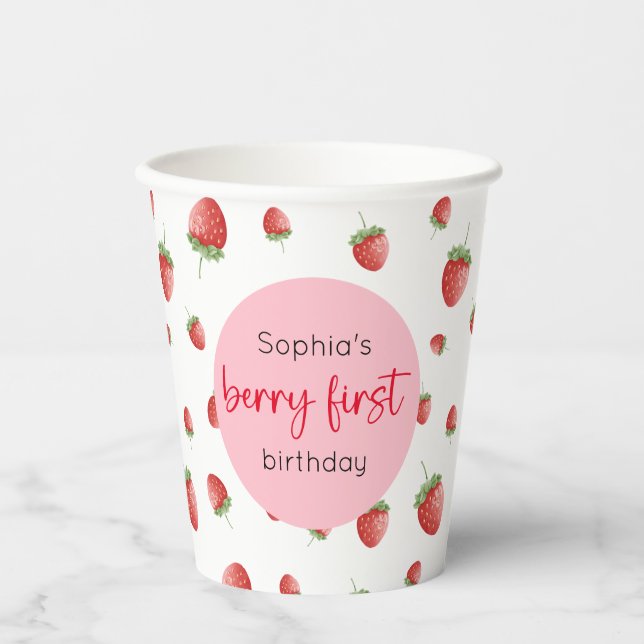 Strawberry 1st Birthday Berry First Paper Cups (Front)