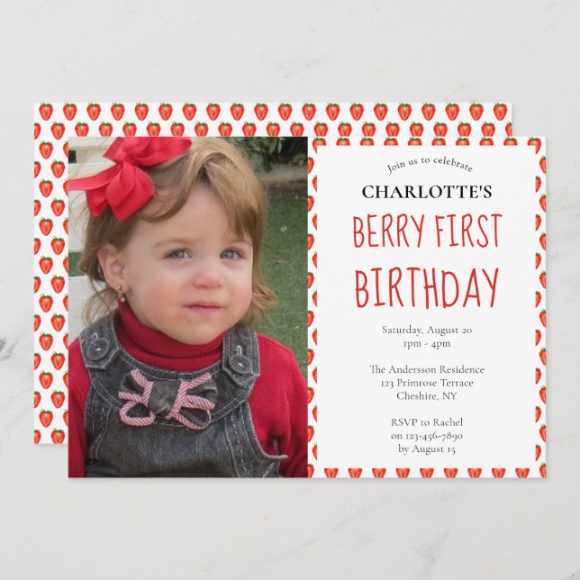 Strawberry 1st Birthday Berry First Photo Party Invitation (Front/Back)