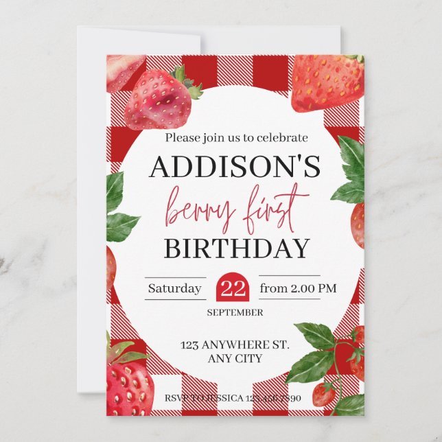 Strawberry 1st birthday Berry Sweet Invitation (Front)