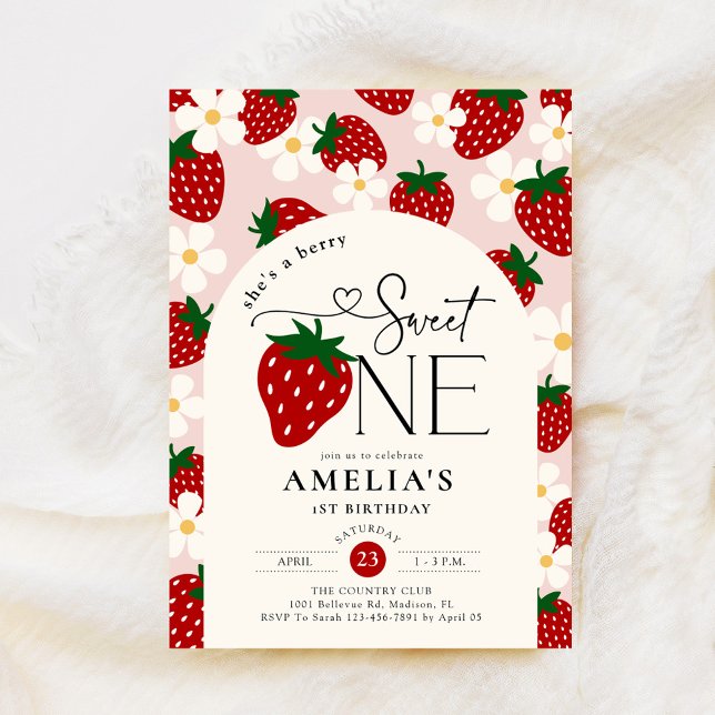 Strawberry 1st Birthday Berry Sweet One Invitation (Creator Uploaded)