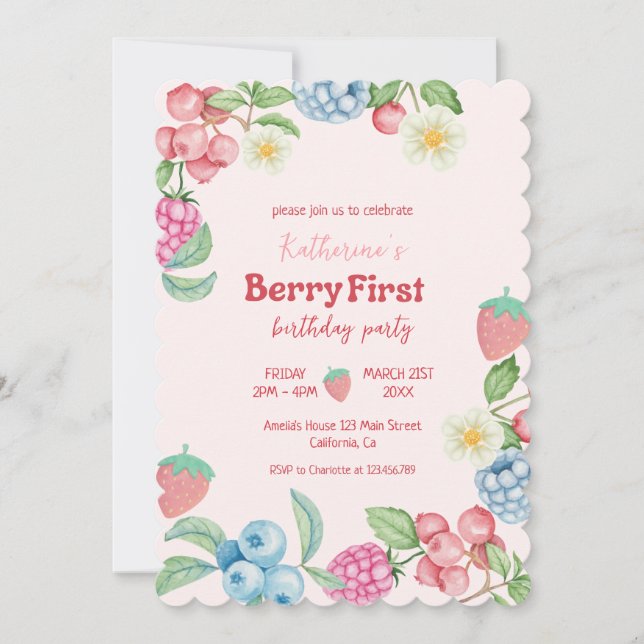 Strawberry 1st Birthday Berry Sweet Pink Birthday Invitation (Front)