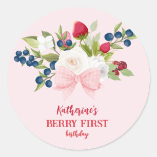 Strawberry 1st Birthday Berry Sweet Pink Classic Round Sticker