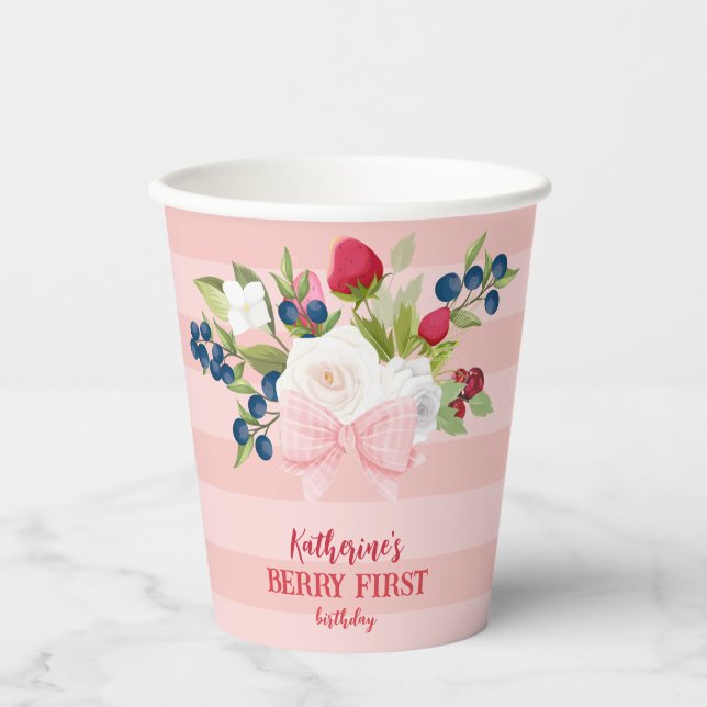 Strawberry 1st Birthday Berry Sweet Pink Paper Cups (Front)