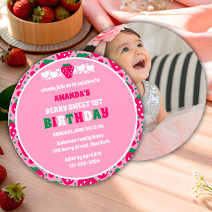Strawberry 1st Birthday Celebration Photo Invitation