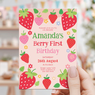 Strawberry 1st Birthday, First Berry Birthday Invitation
