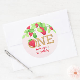 Strawberry 1st Birthday Girl Red Rustic Classic Round Sticker