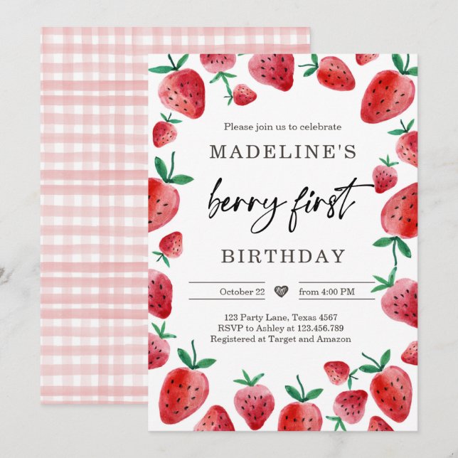 Strawberry 1st Birthday Invite First Berry Sweet (Front/Back)
