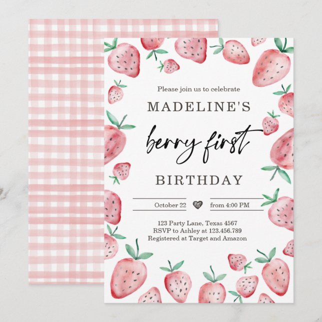 Strawberry 1st Birthday Invite First Berry Sweet (Front/Back)