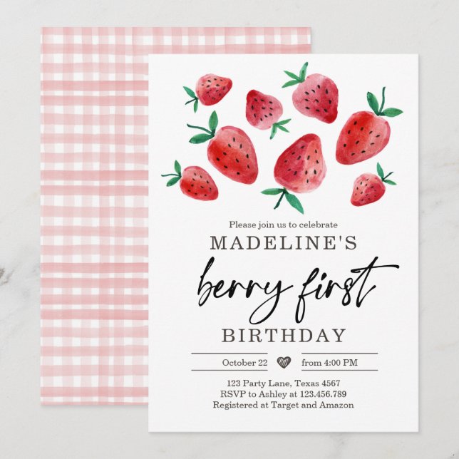 Strawberry 1st Birthday Invite First Berry Sweet (Front/Back)