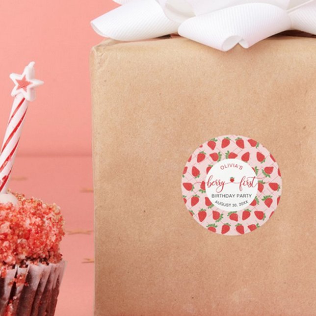 Strawberry 1st Birthday Party Berry First Classic Round Sticker (Strawberry 1st Birthday Party Berry First Classic Round Sticker)