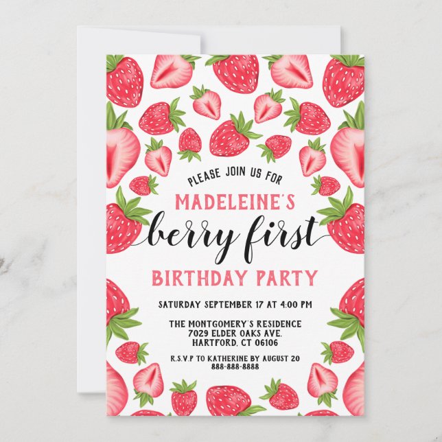 Strawberry 1st Birthday Party Berry First Custom   Invitation (Front)