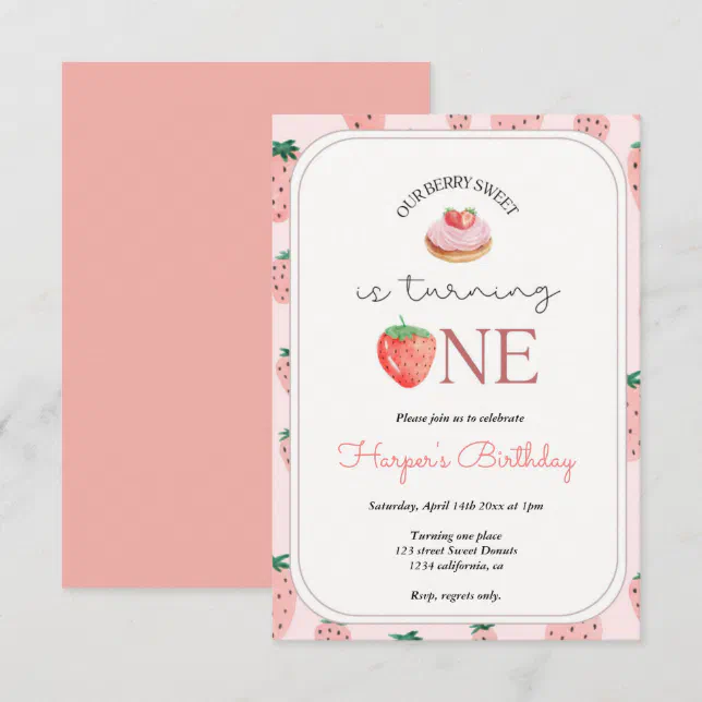 Strawberry 1st Birthday Party Berry First Invitation | Zazzle