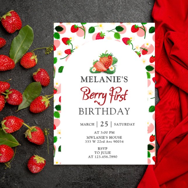 Strawberry 1st Birthday Party | Berry First Invitation (Girl Berry first birthday card invitation)