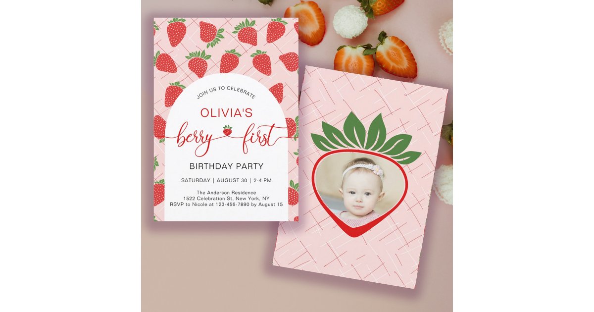 Strawberry 1st Birthday Party Berry First Invitation | Zazzle