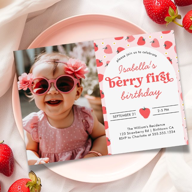 Strawberry 1st Birthday Party Berry First  Invitation (Beery First Photo Birthday Invite)