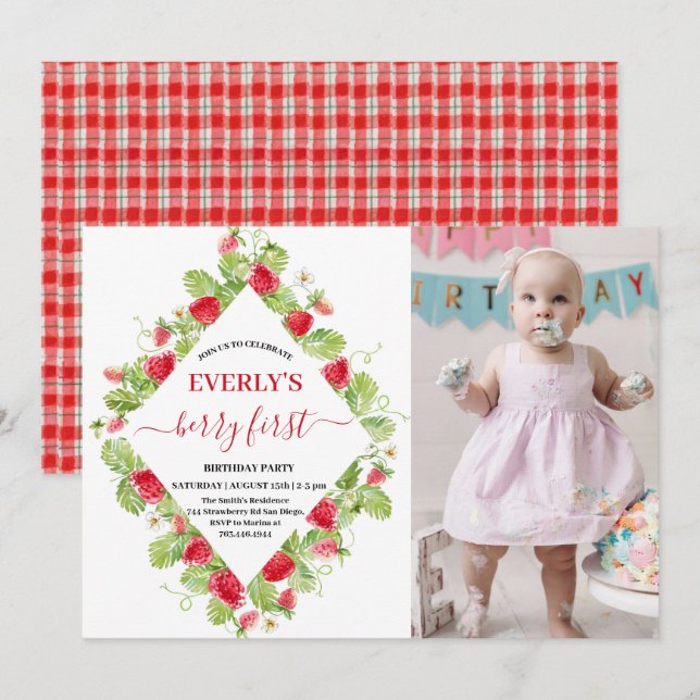 Strawberry 1st Birthday Party  Berry First Photo  Invitation (Front/Back)