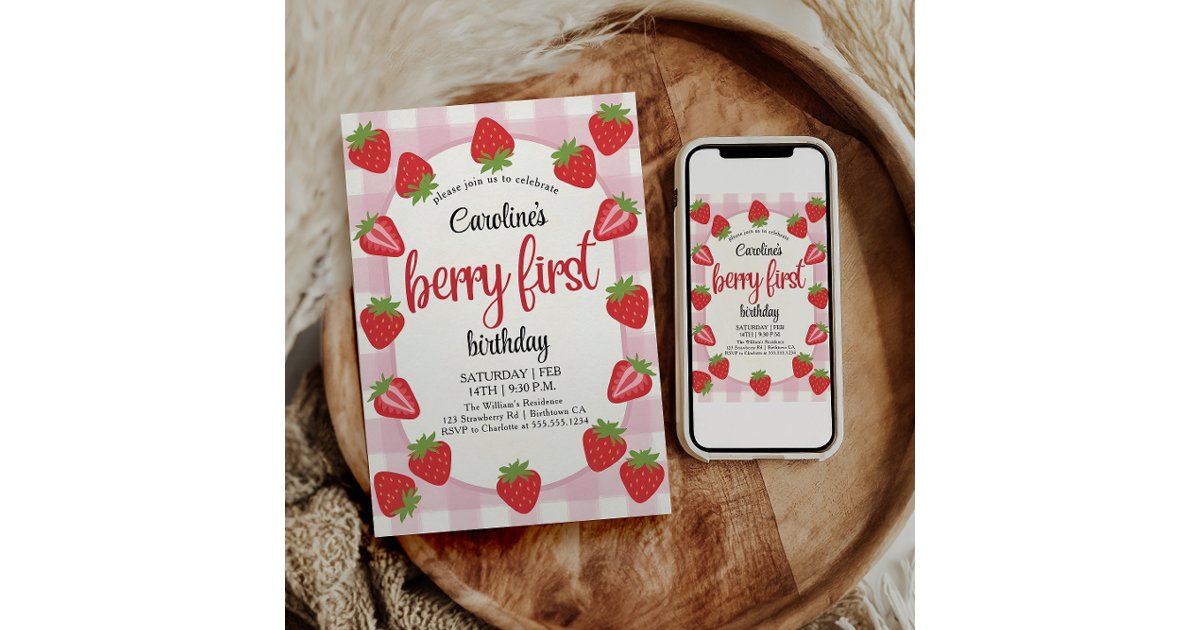 Strawberry 1st Birthday Party Berry First Photo Invitation | Zazzle