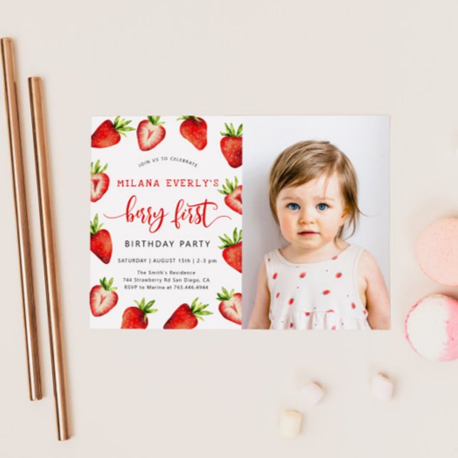 Strawberry 1st Birthday Party | Berry First Photo Invitation (Creator Uploaded)