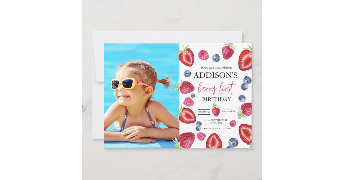 Strawberry 1st Birthday Party Berry First Photo Invitation | Zazzle