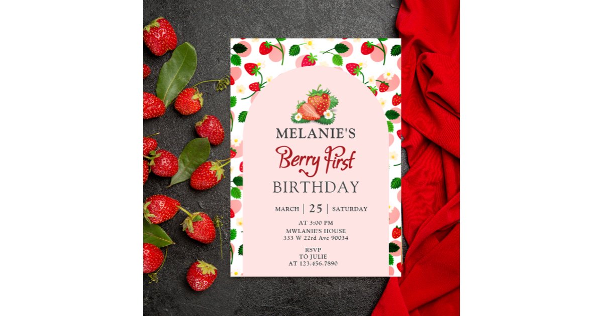 Strawberry 1st Birthday Party | Berry First Pink Invitation | Zazzle