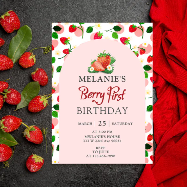 Strawberry 1st Birthday Party | Berry First Pink Invitation | Zazzle