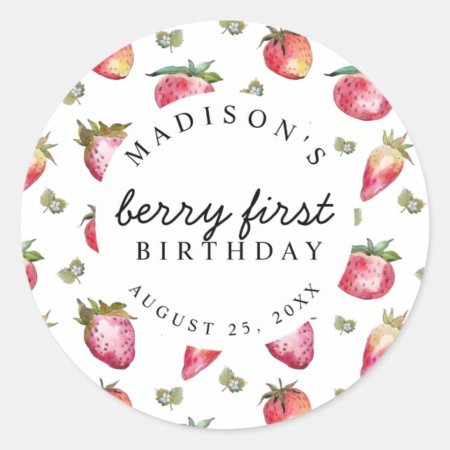 Strawberry 1st Birthday Party Berry First Sweet Classic Round Sticker (Front)