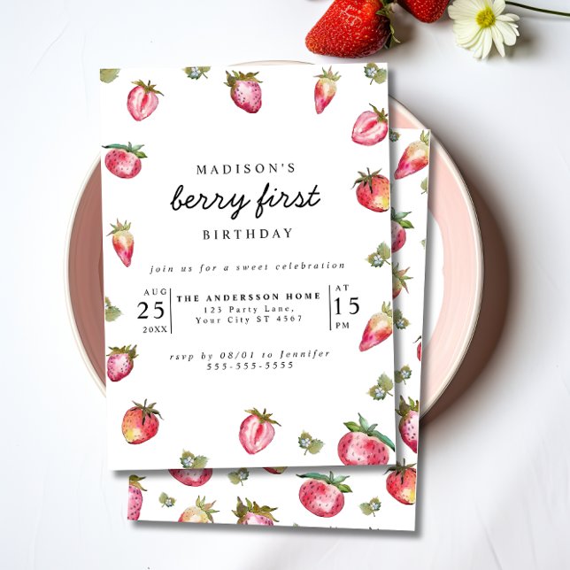 Strawberry 1st Birthday Party Berry First Sweet Invitation (Creator Uploaded)