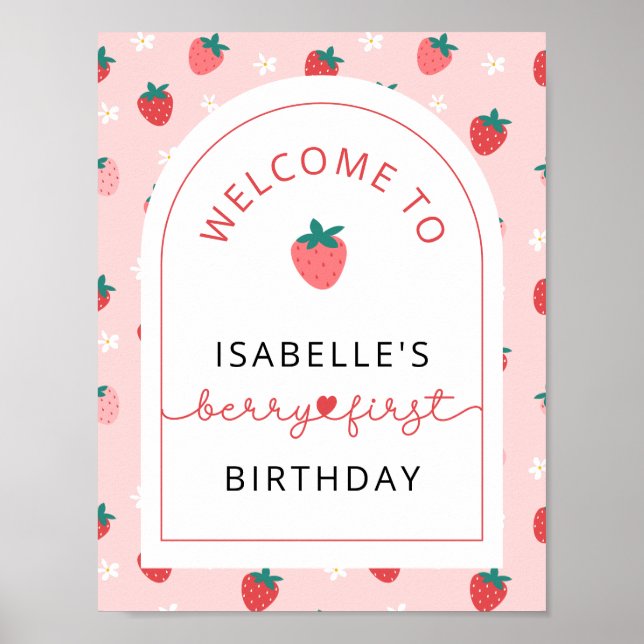 Strawberry 1st Birthday Party Berry First Welcome  Poster (Front)