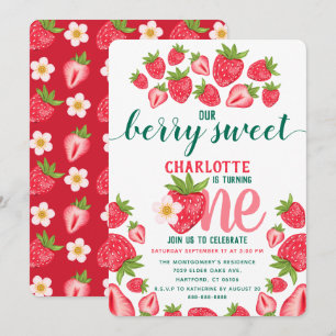Strawberry 1st Birthday Party Berry Sweet Cute Invitation