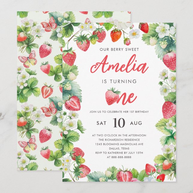 Strawberry 1st Birthday Party Berry Sweet Girl Red Invitation (Front/Back)