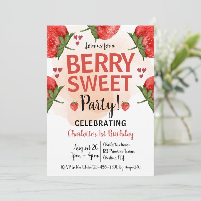 Strawberry 1st Birthday Party Berry Sweet  Invitation (Standing Front)