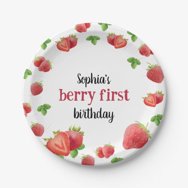 Strawberry 1st Birthday Party Berry Sweet Paper Plate (Front)
