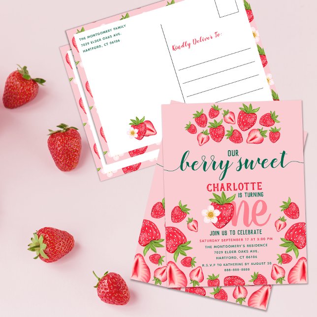 Strawberry 1st Birthday Party Berry Sweet Pink Postcard (Creator Uploaded)