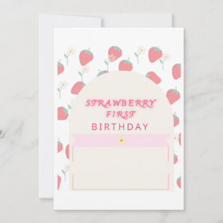 Strawberry 1st Birthday Party First Invitation