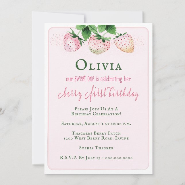 Strawberry 1st Birthday Party Invitation (Front)