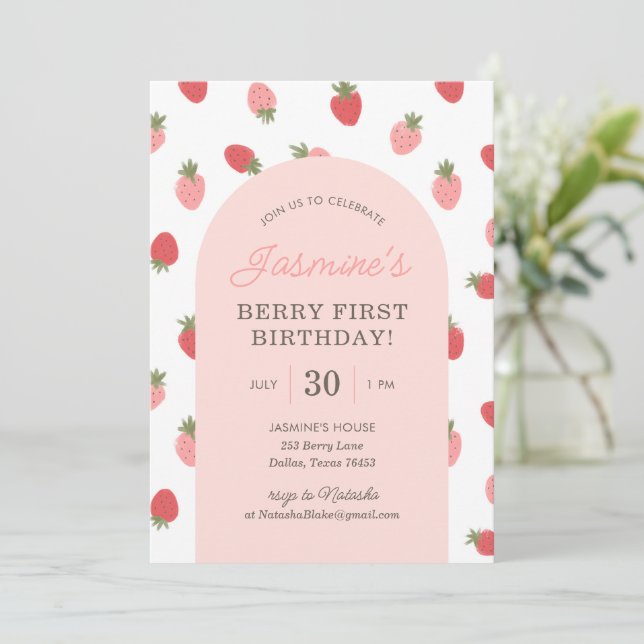 Strawberry 1st Birthday Party Invitation (Standing Front)