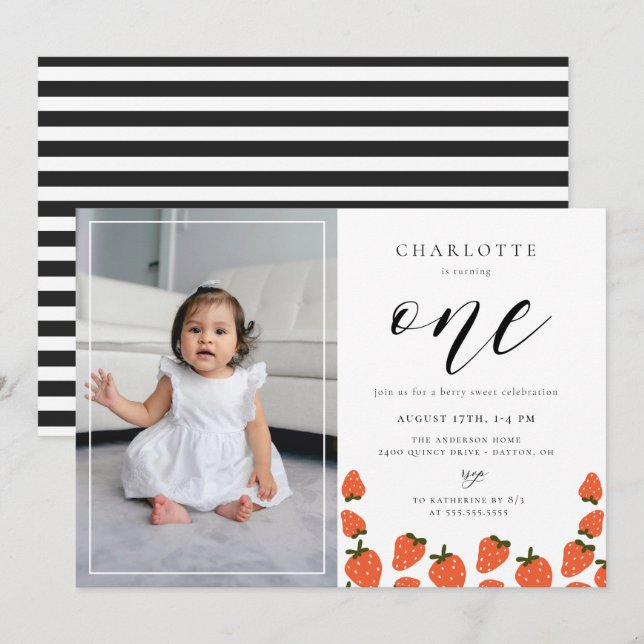 Strawberry 1st Birthday Photo Invitation (Front/Back)