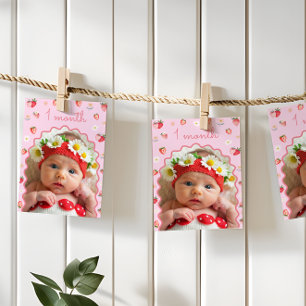 Strawberry 1st Birthday Photo Milestone Banner Invitation