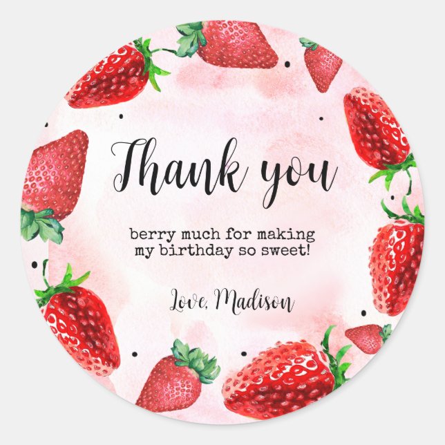 Strawberry 1st Birthday Thank You  Favour  Classic Round Sticker (Front)