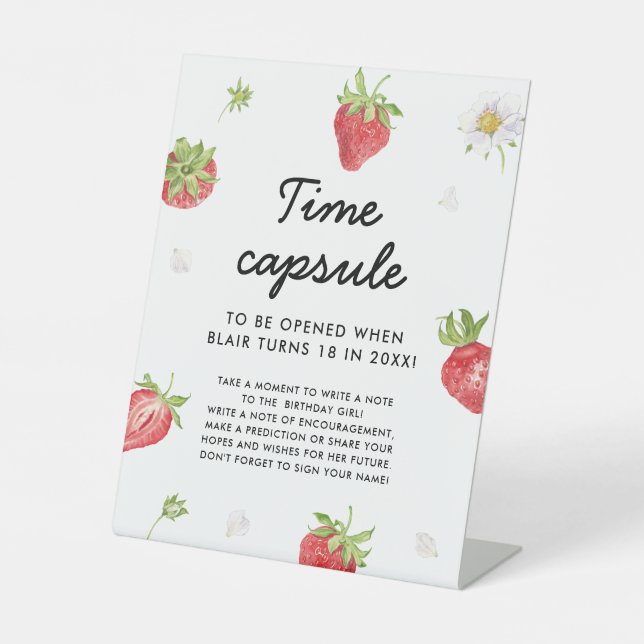 Strawberry 1st Birthday Time Capsule Pedestal Sign (Front)