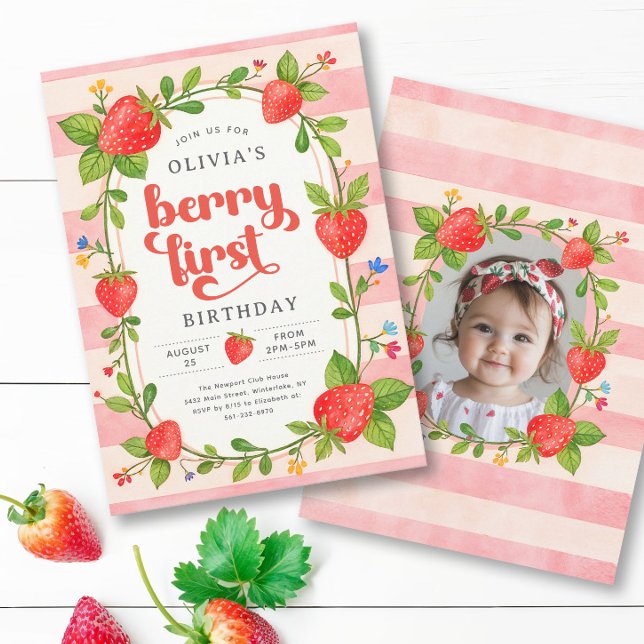 Strawberry 1st Birthday Vintage Berry First Photo Invitation (Creator Uploaded)