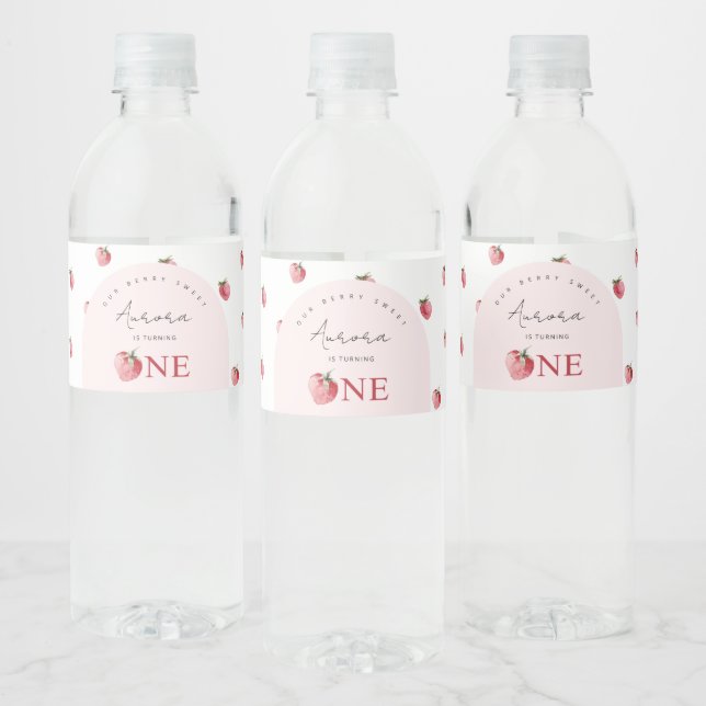 Strawberry 1st birthday water bottle label (Bottles)