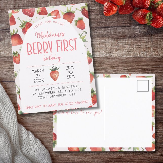 Strawberry 1st Photo Berry First Birthday Invitation Postcard (Creator Uploaded)