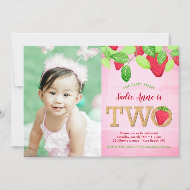 Strawberry 2nd Birthday Pink Watercolor Photo Invitation (Front)