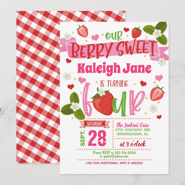 Strawberry 4th Birthday Invitation (Front/Back)