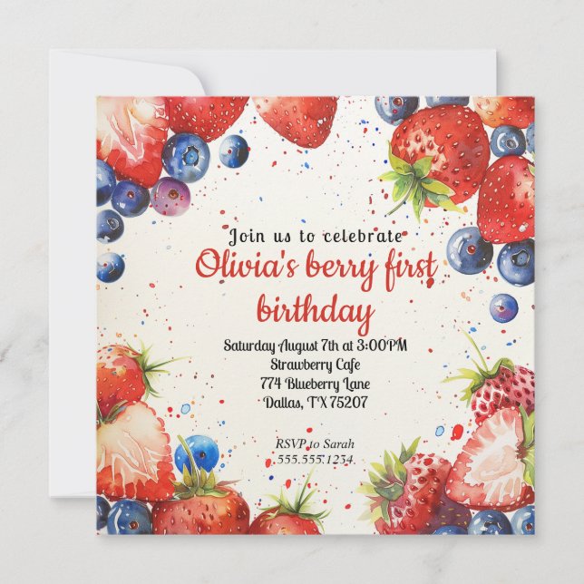 Strawberry and Blueberry First Birthday Invitation (Front)